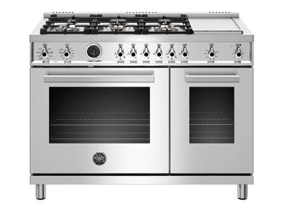 48" Bertazzoni Dual Fuel Range 6 Brass Burners and Griddle Electric Self Clean Oven - PROF486GDFSXT
